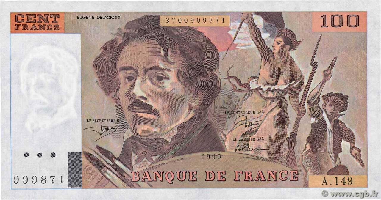 100 Francs DELACROIX imprimé en continu FRANCIA  1990 F.69bis.02a SC+