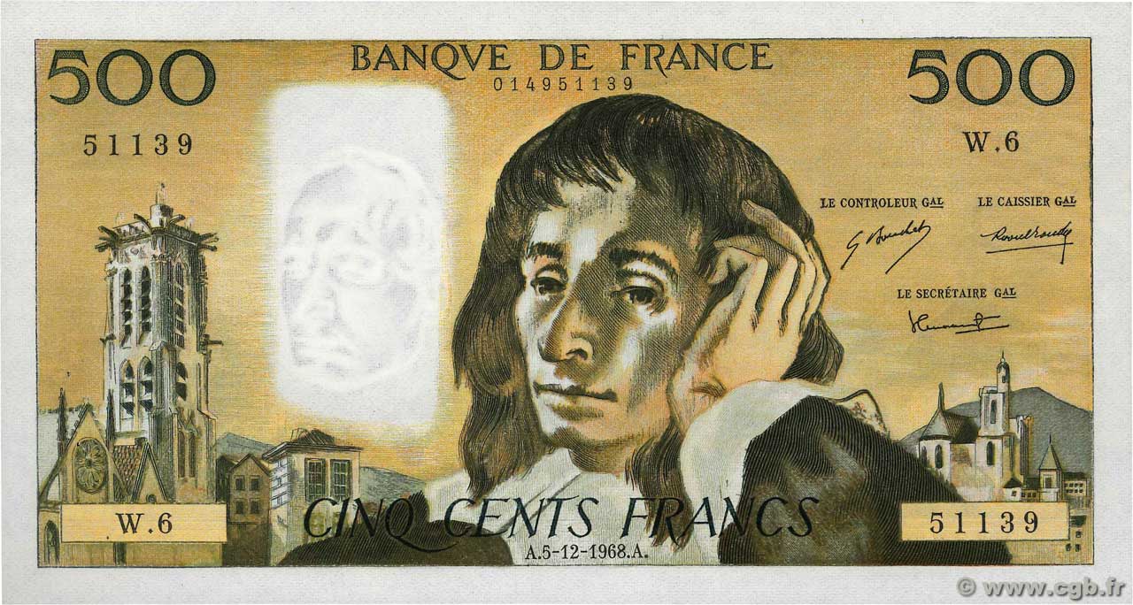 500 Francs PASCAL FRANCE  1968 F.71.02 pr.SPL