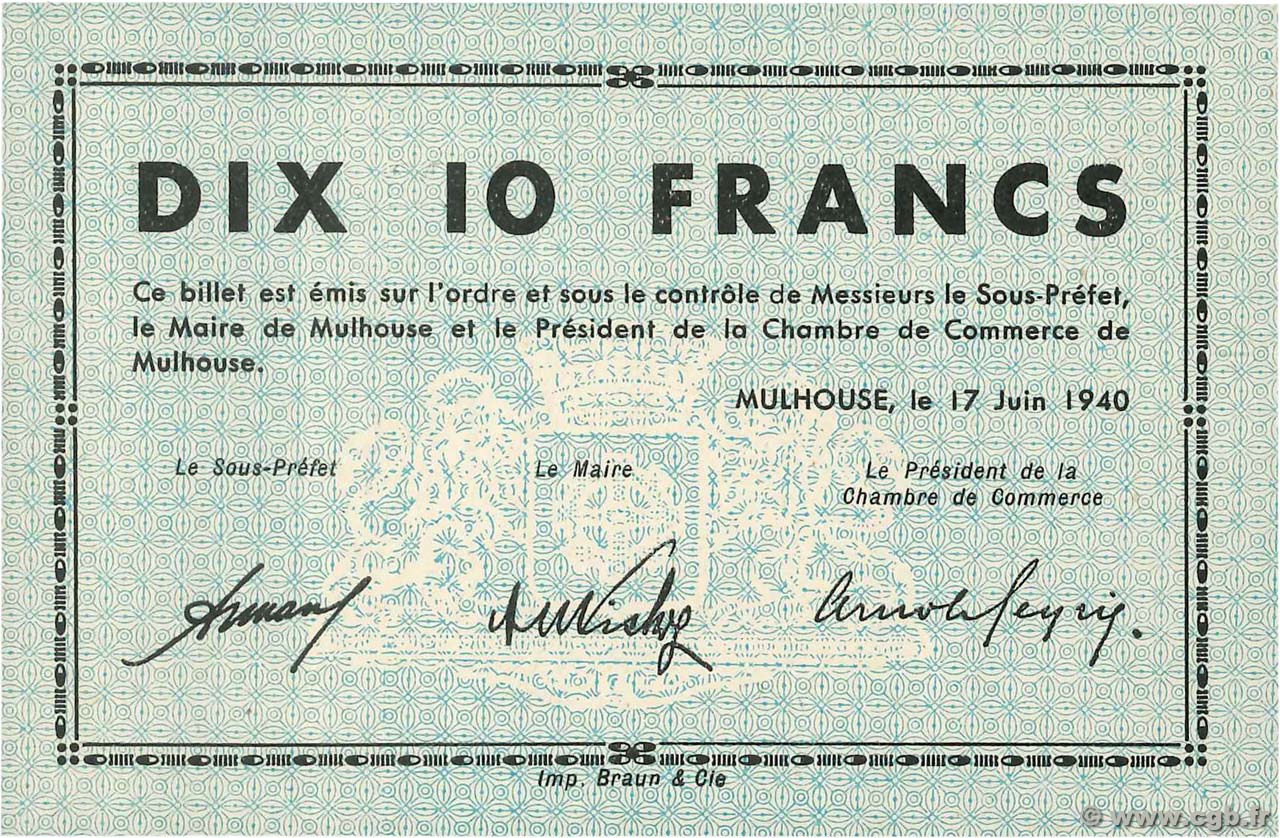 10 Francs FRANCE regionalismo y varios Mulhouse 1940 BU.50.03 FDC