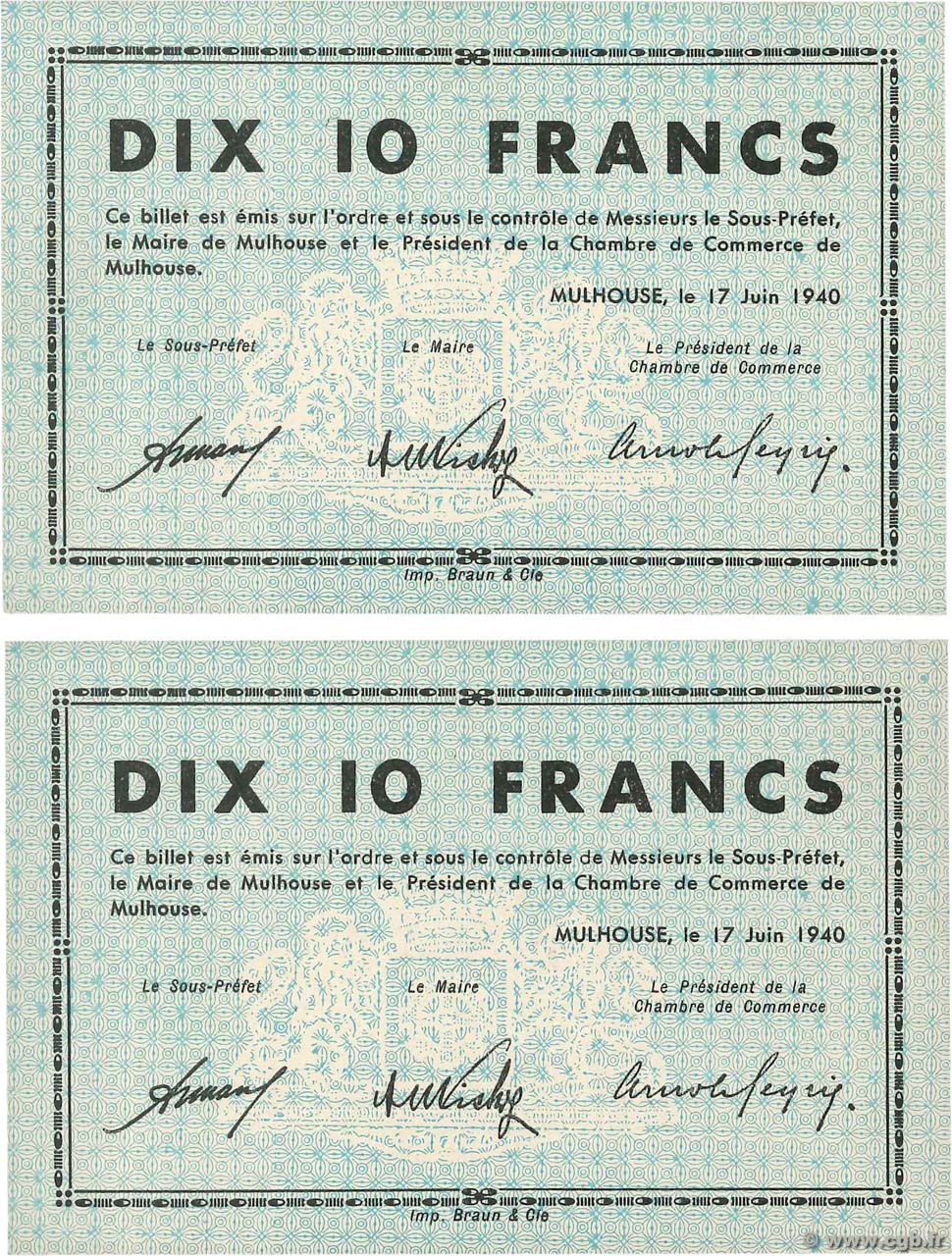 10 Francs Consécutifs FRANCE régionalisme et divers Mulhouse 1940 BU.50.03 NEUF