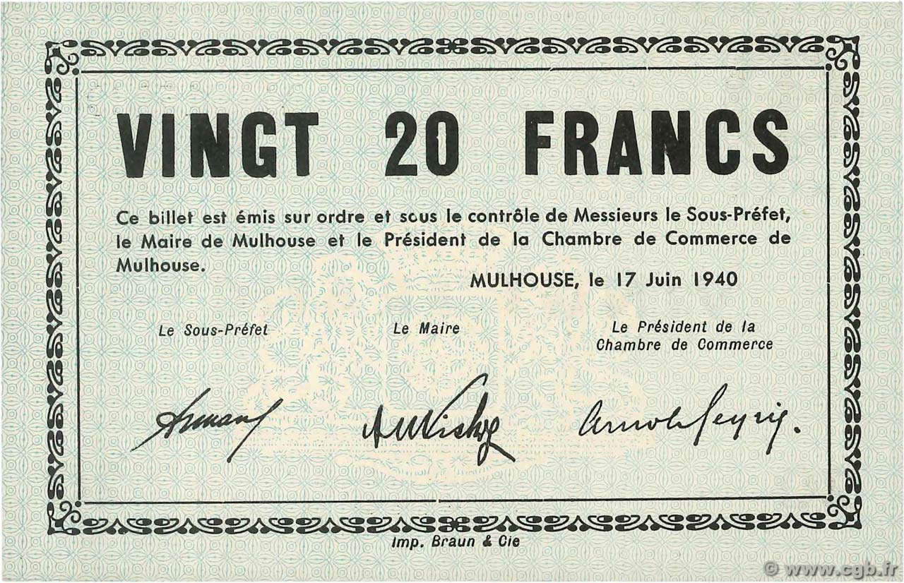 20 Francs FRANCE regionalismo y varios Mulhouse 1940 BU.51.02 FDC