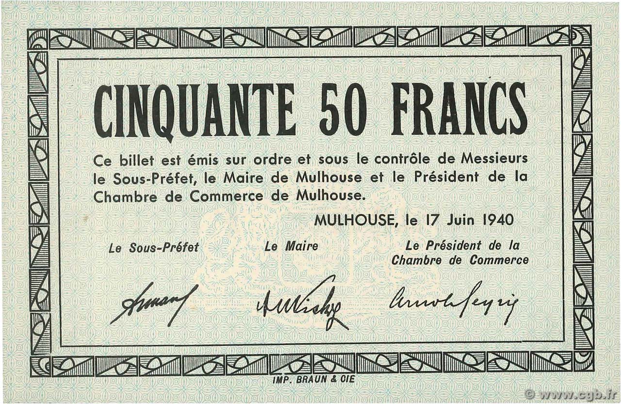 50 Francs FRANCE Regionalismus und verschiedenen Mulhouse 1940 BU.52.02 fST+