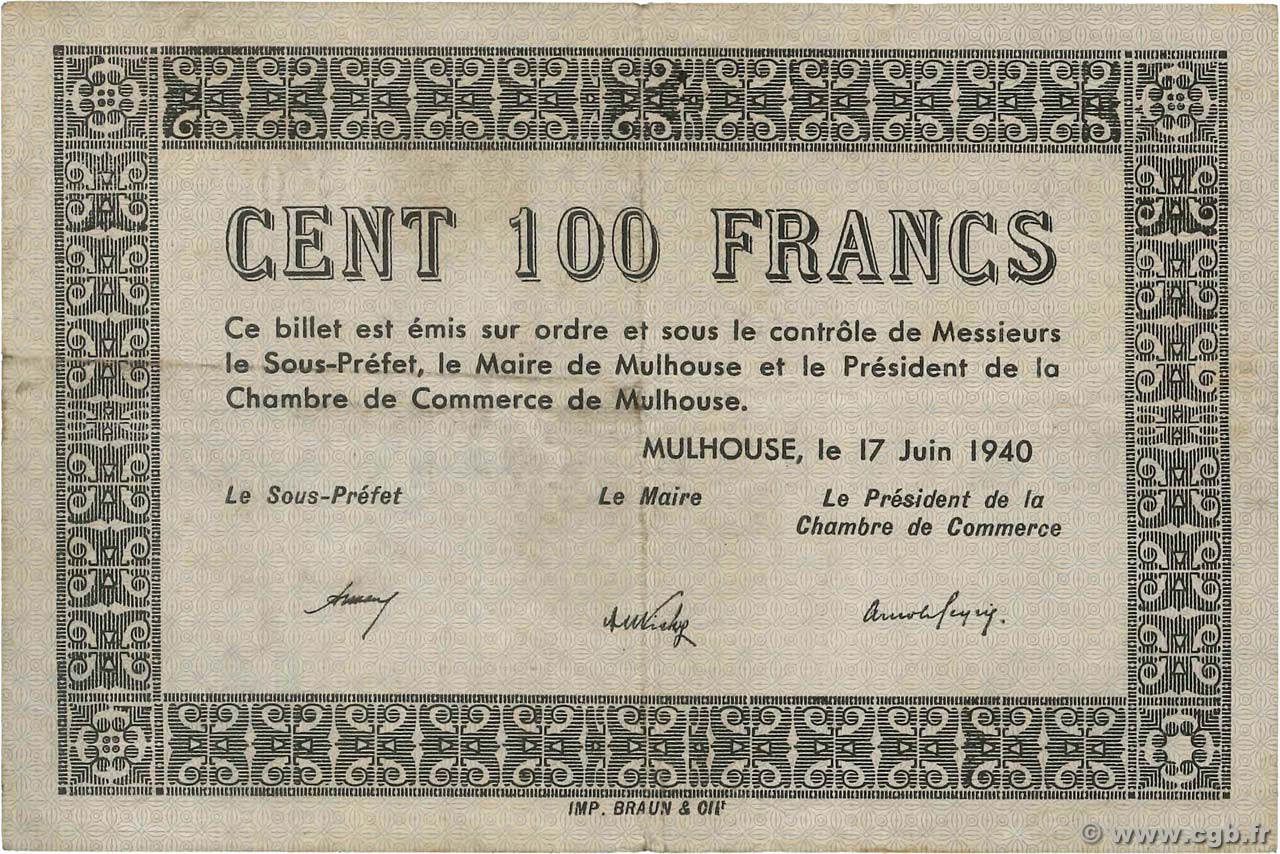 100 Francs FRANCE régionalisme et divers Mulhouse 1940 BU.53.01 TTB