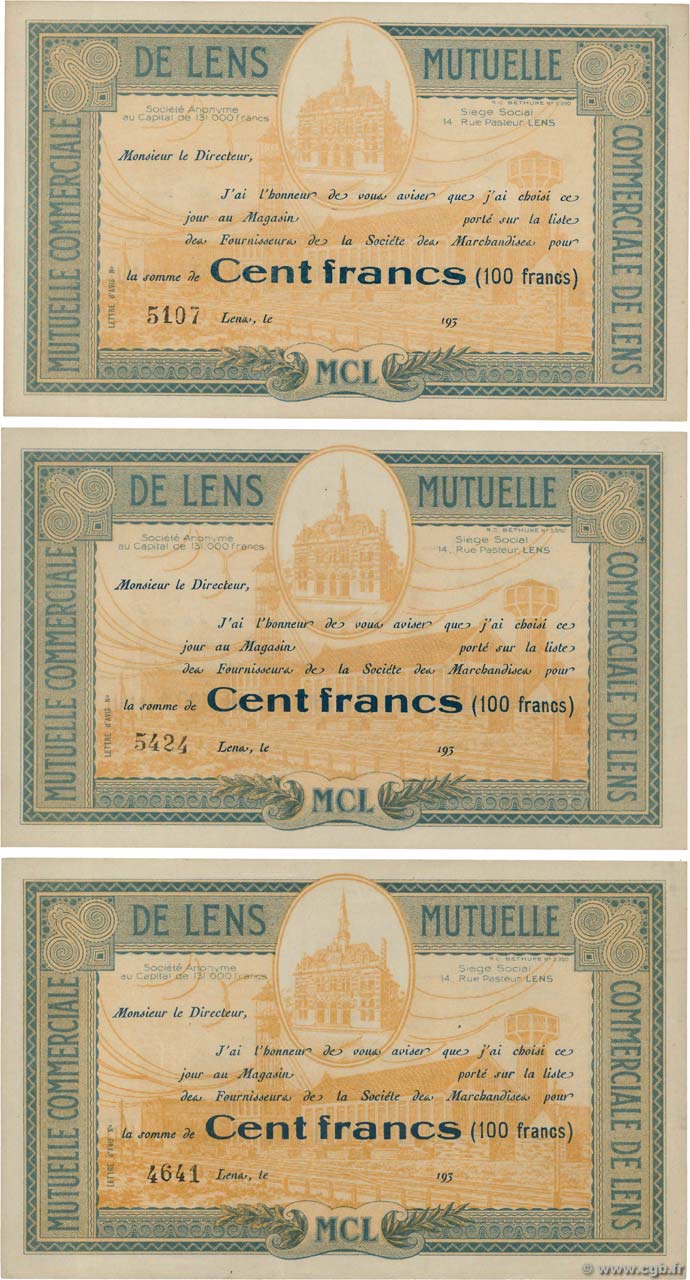 100 Francs Lot FRANCE régionalisme et divers Lens 1930  SPL