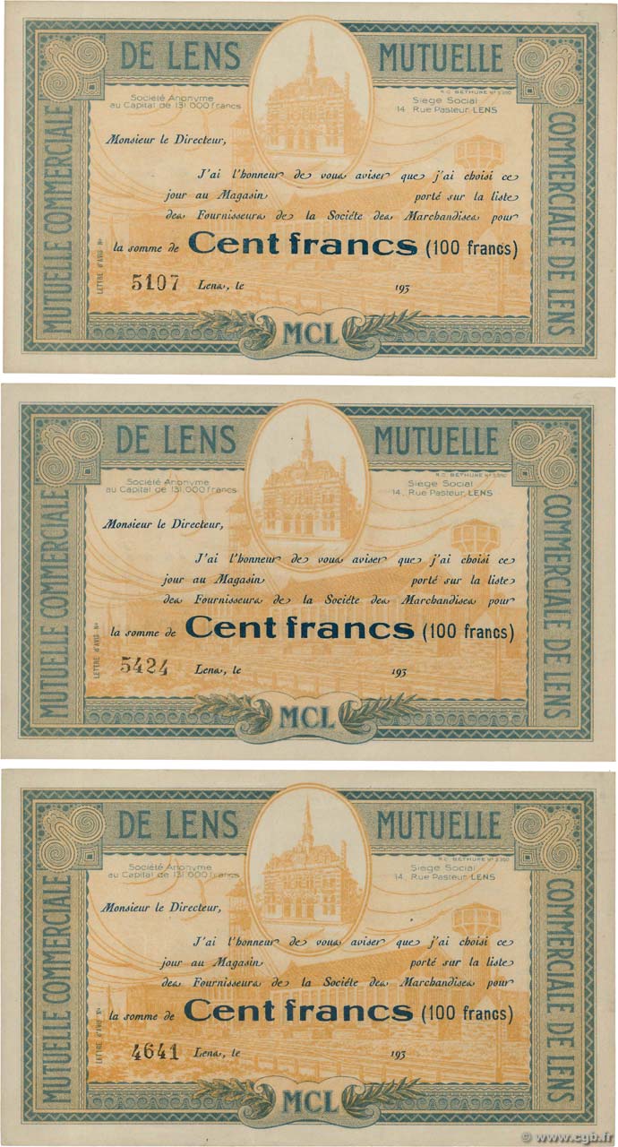 100 Francs Lot FRANCE regionalism and miscellaneous Lens 1930  AU