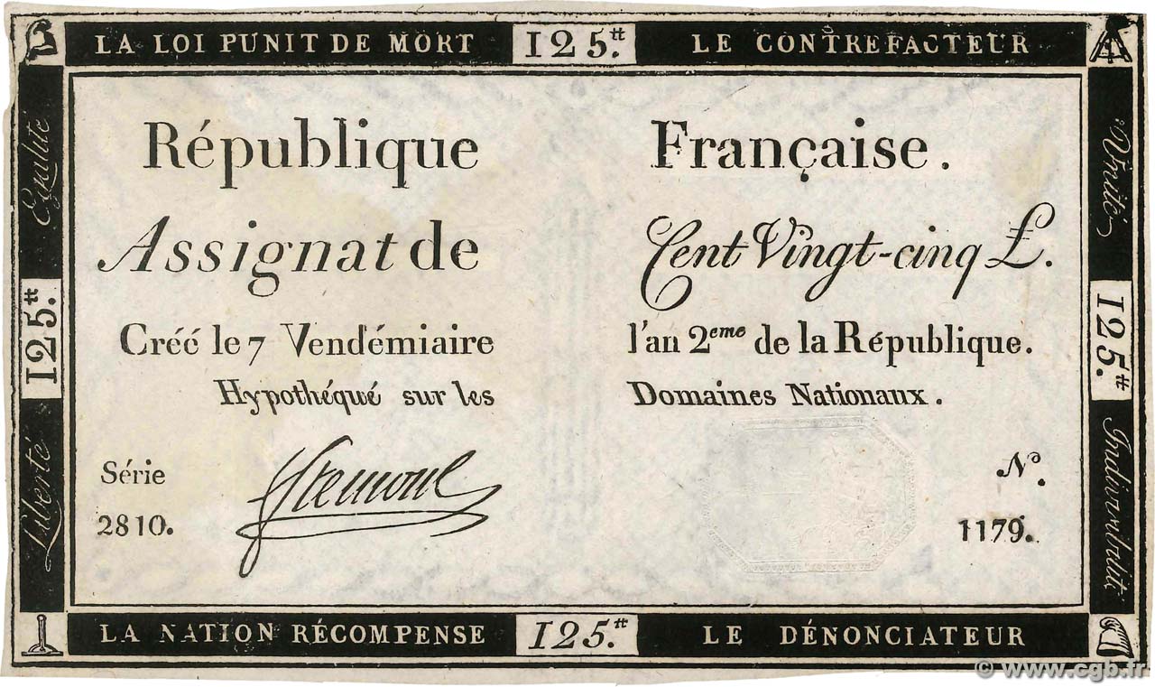 125 Livres FRANCE  1793 Ass.44a TTB+