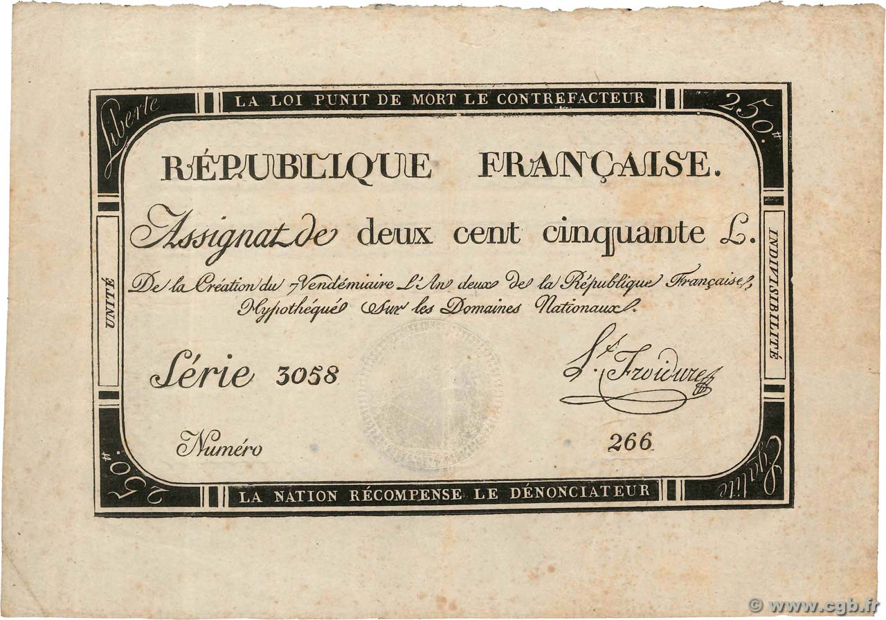 250 Livres FRANCE  1793 Ass.45a TTB+
