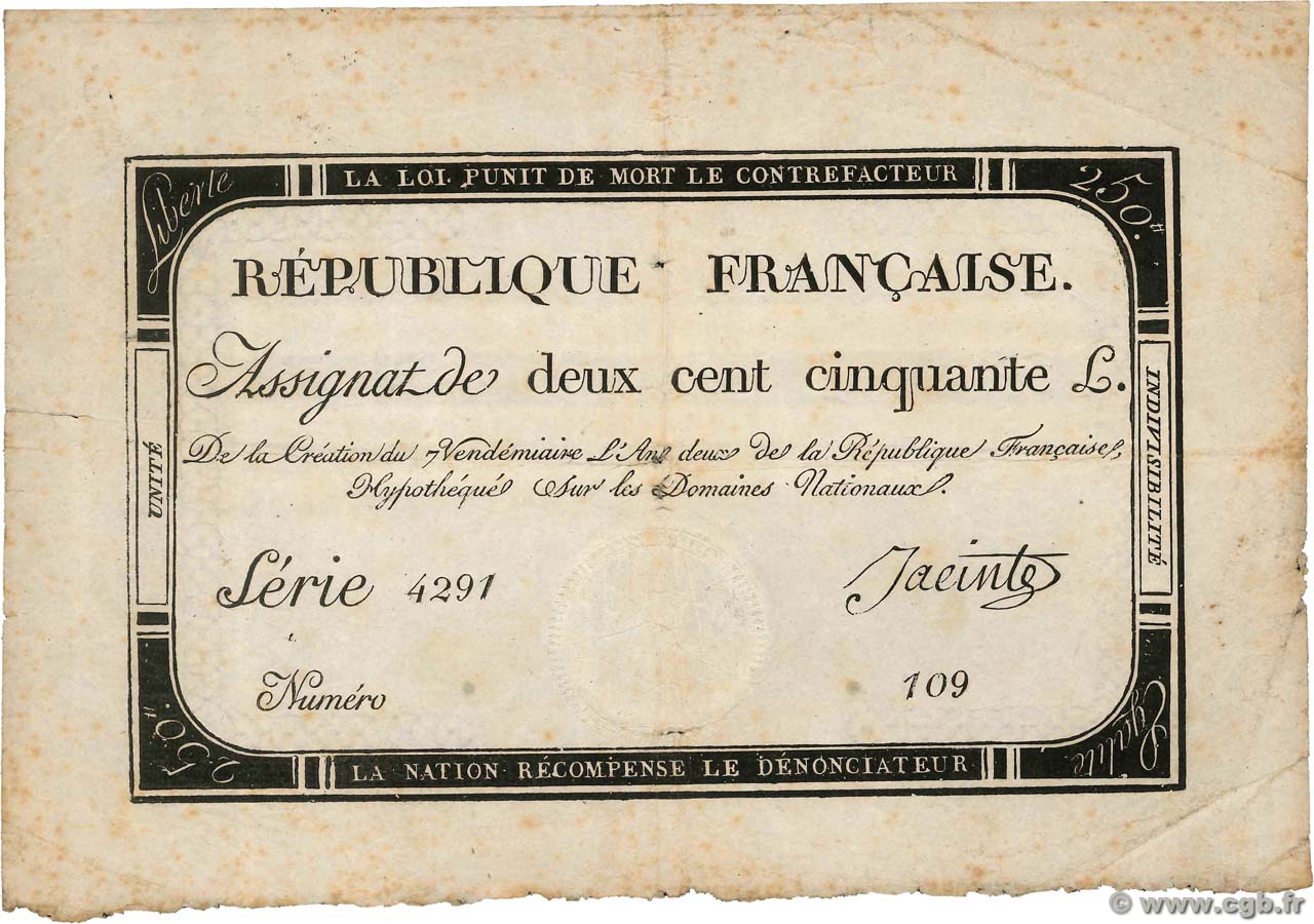 250 Livres FRANCE  1793 Ass.45a VF-