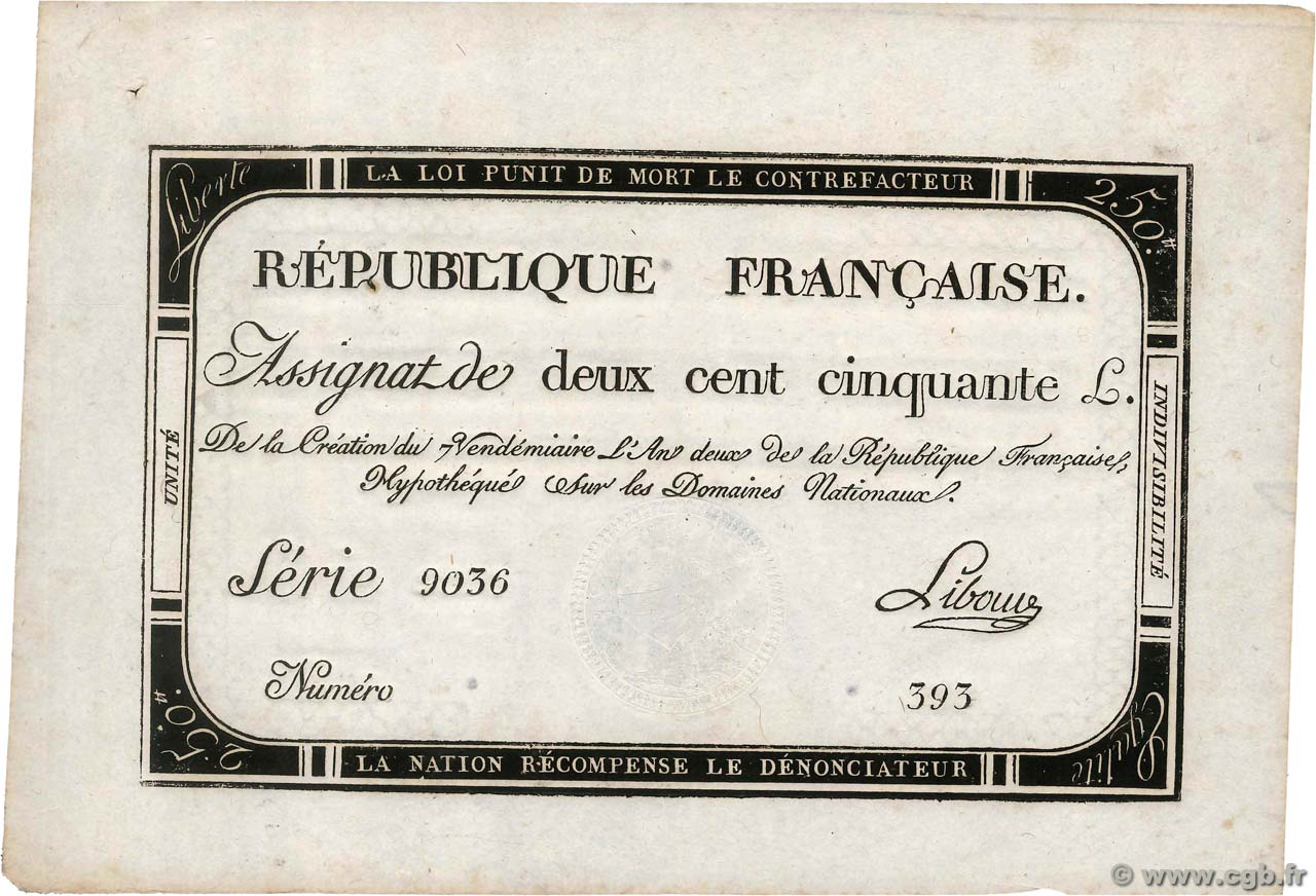 250 Livres FRANCE  1793 Ass.45a SPL