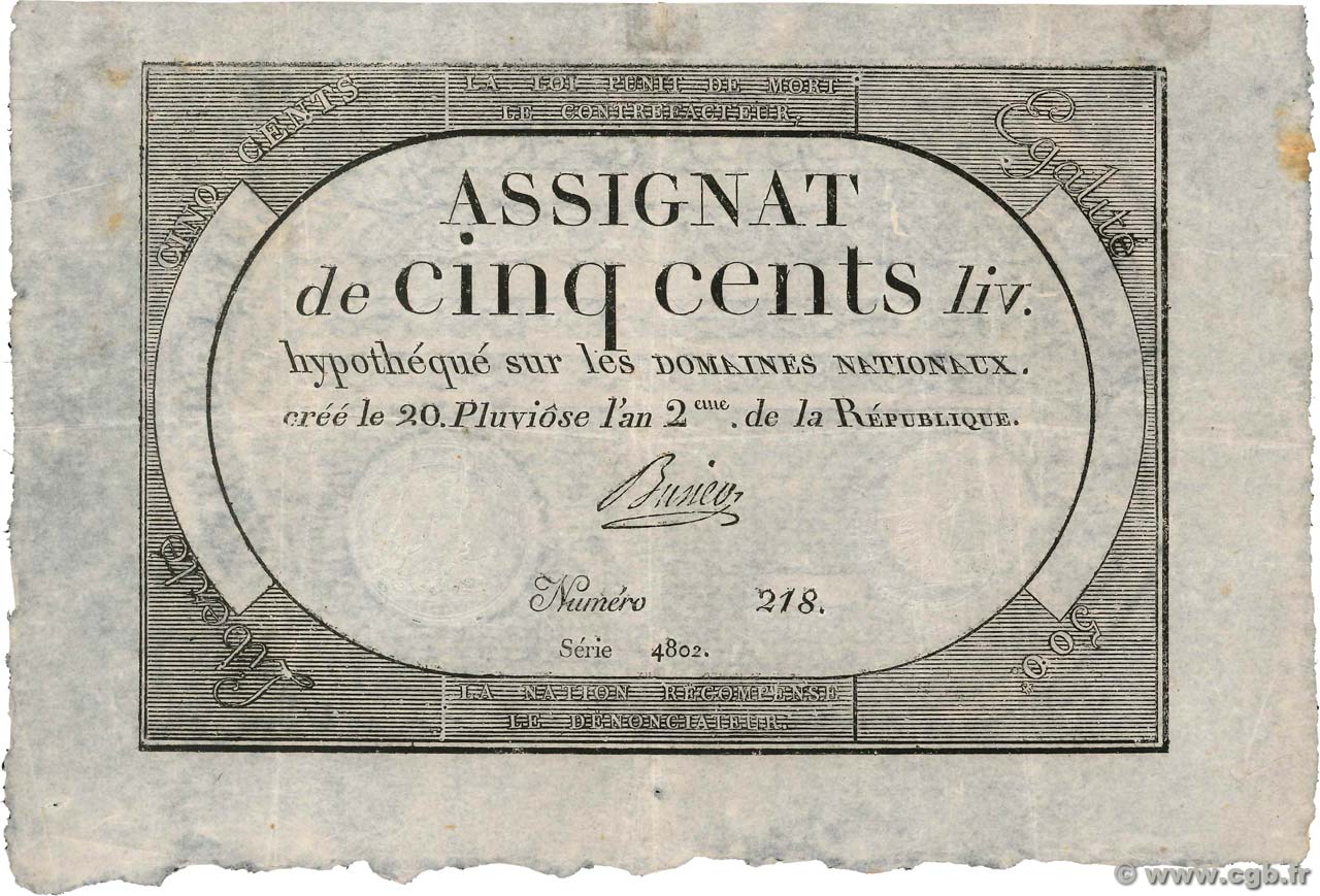 500 Livres FRANCE  1794 Ass.47a TTB+
