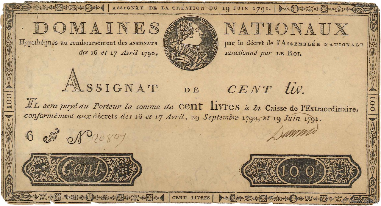100 Livres  Faux FRANCIA  1791 Ass.15a MBC