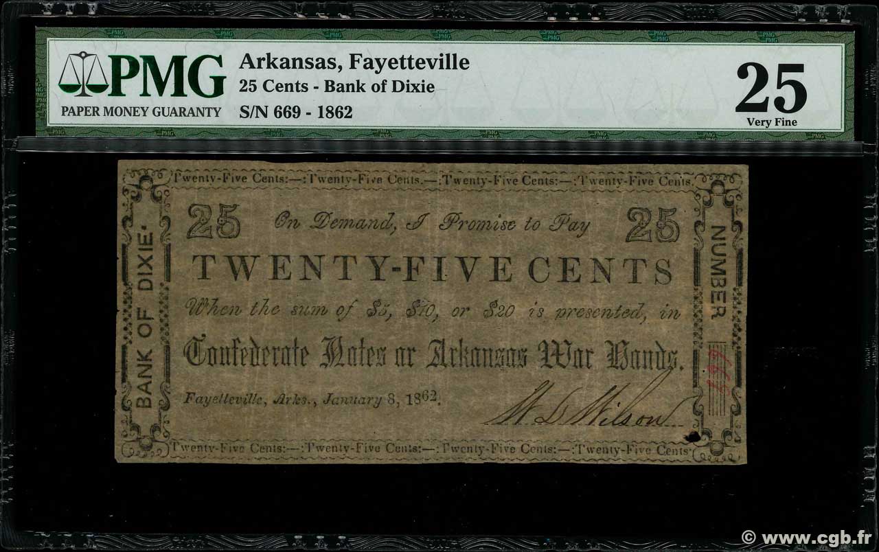 25 Cents UNITED STATES OF AMERICA Fayetteville 1862  VF-