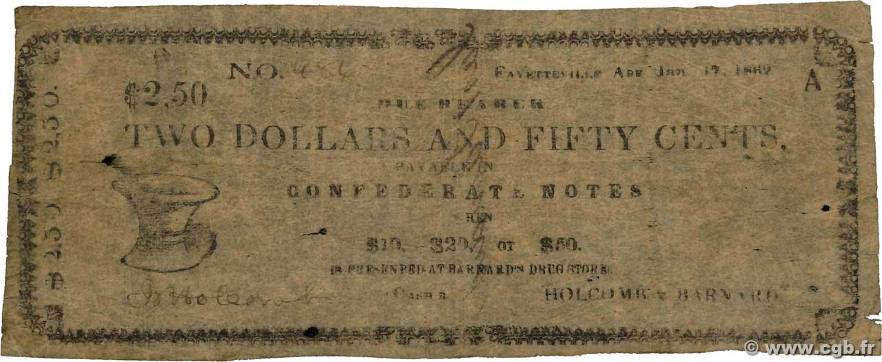 2 Dollars 50 Cents ÉTATS-UNIS D AMÉRIQUE Fayetteville 1862  B