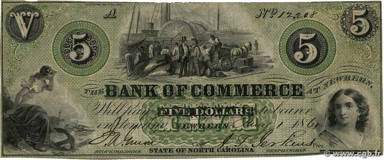 5 Dollars STATI UNITI D AMERICA Newbern 1861  q.BB