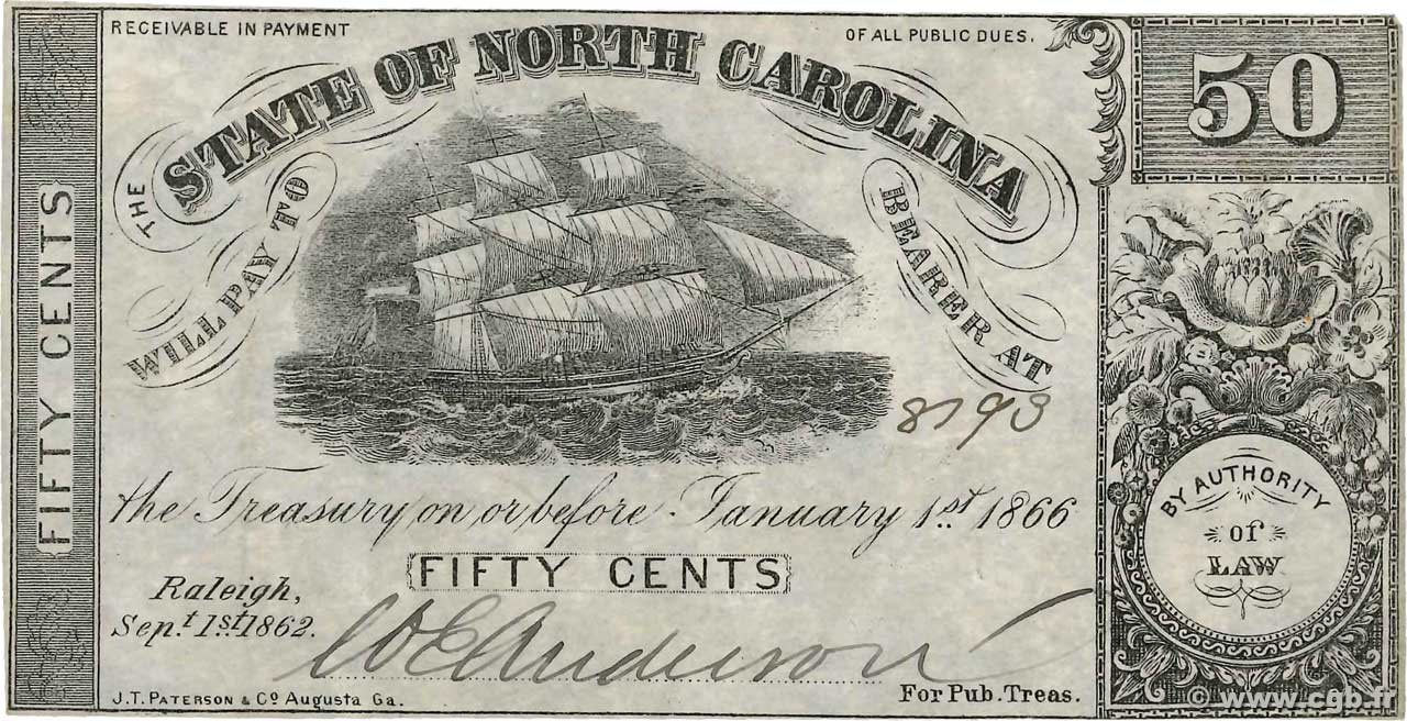 50 Cents STATI UNITI D AMERICA Raleigh 1862 PS.2358a SPL