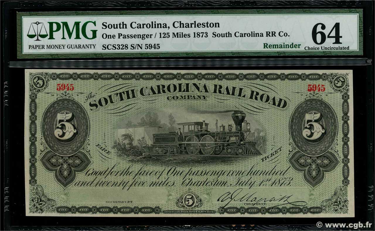 5 Fare Ticket UNITED STATES OF AMERICA Charleston 1873  UNC-