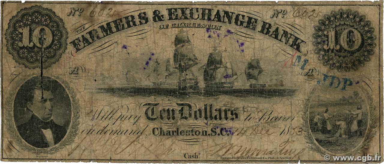 10 Dollars UNITED STATES OF AMERICA Charleston 1853  G
