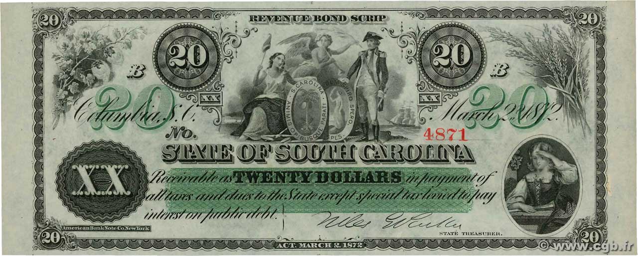 20 Dollars ÉTATS-UNIS D AMÉRIQUE Columbia 1872 PS.3324 pr.NEUF