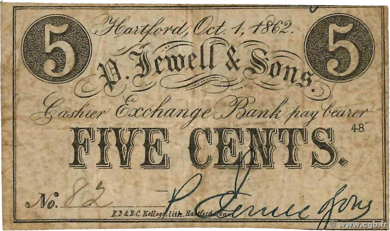 5 Cents STATI UNITI D AMERICA Hartford 1862  MB