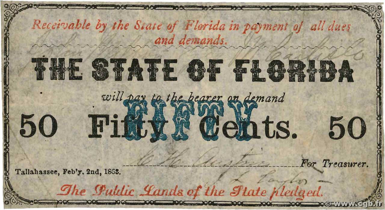 50 Cents STATI UNITI D AMERICA Tallahassee 1863 PS.0687a MB