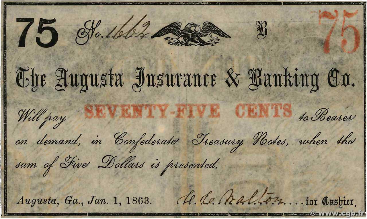75 Cents STATI UNITI D AMERICA Augusta 1863  AU
