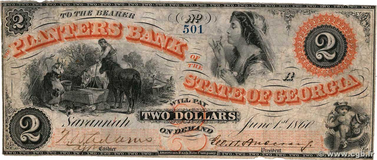 2 Dollars UNITED STATES OF AMERICA Savannah 1860  VG