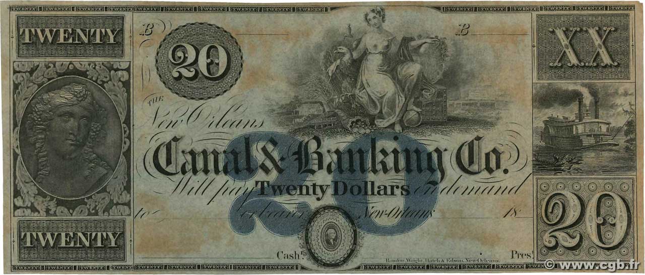 20 Dollars Non émis STATI UNITI D AMERICA New Orleans 1850  FDC