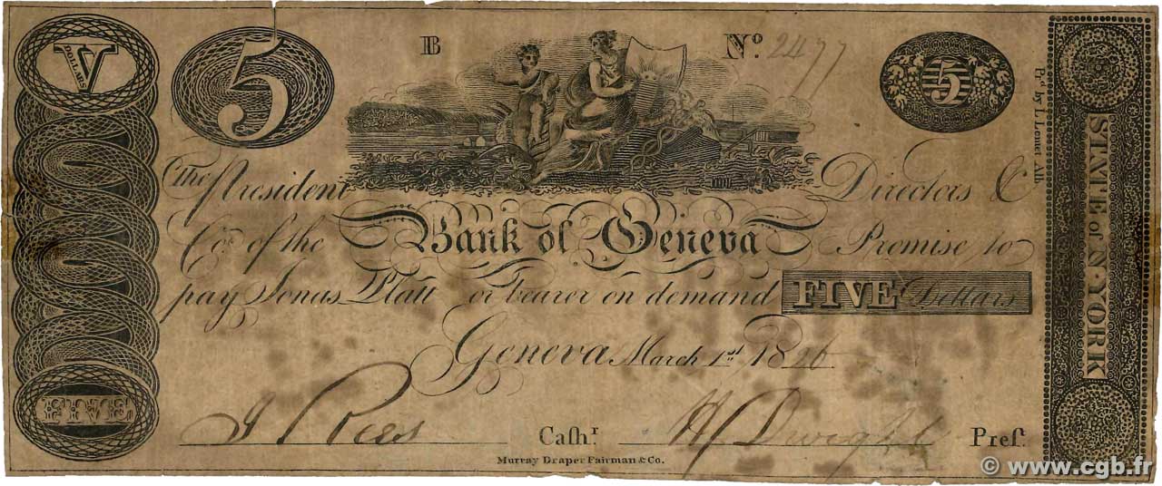 5 Dollars ÉTATS-UNIS D AMÉRIQUE Geneva 1826  B+