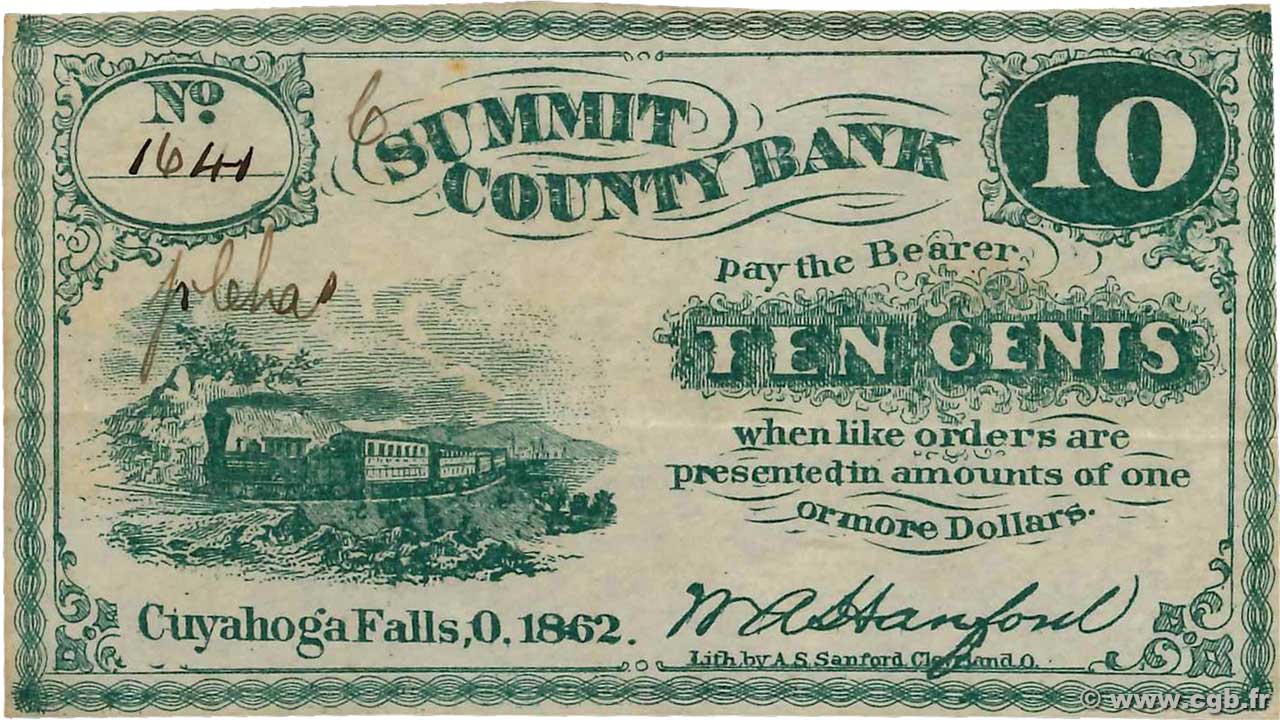 10 Cents STATI UNITI D AMERICA Cuyahoga Falls 1862  SPL