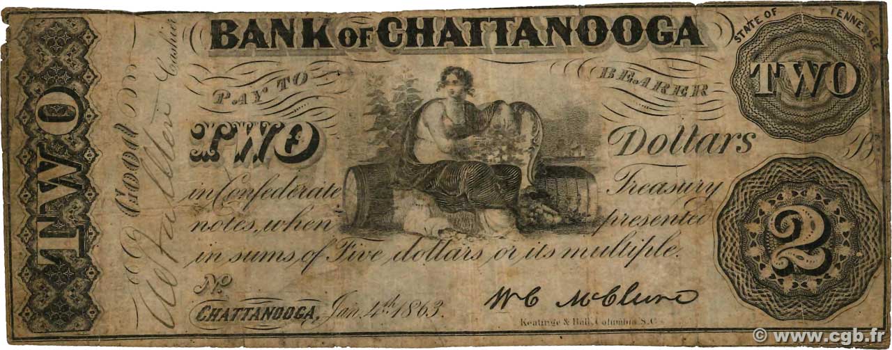 2 Dollars UNITED STATES OF AMERICA Chattanooga 1863  VG