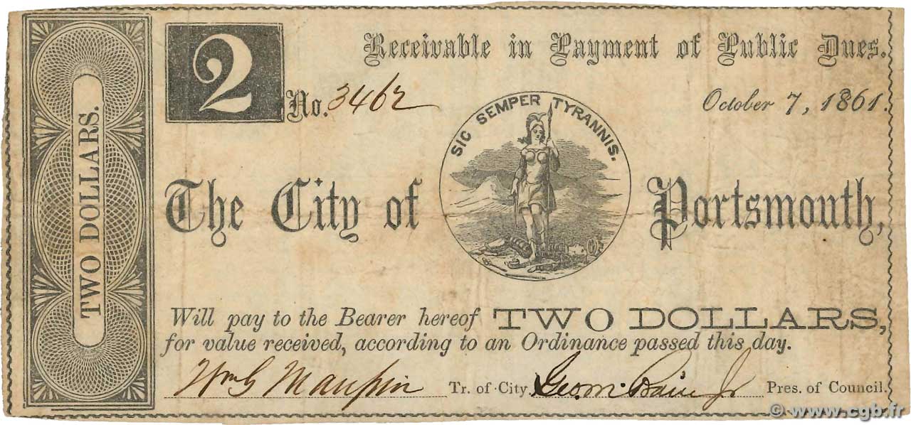 2 Dollars STATI UNITI D AMERICA Portsmouth 1861  q.BB
