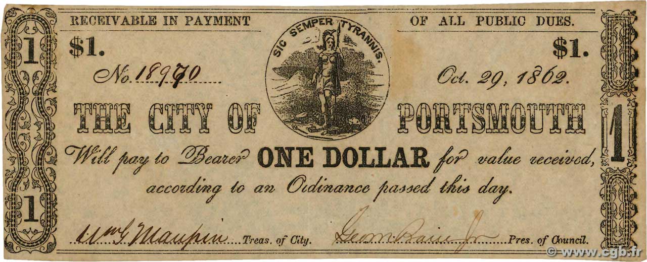 1 Dollar UNITED STATES OF AMERICA Portsmouth 1862  XF