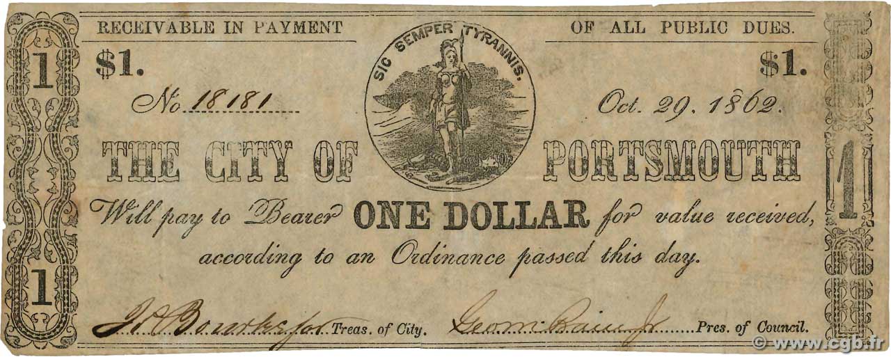 1 Dollar Numéro radar ÉTATS-UNIS D AMÉRIQUE Portsmouth 1862  TTB