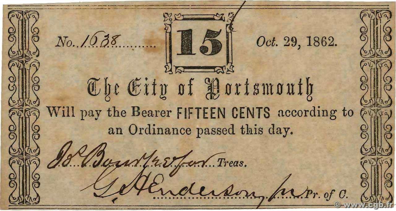 15 Cents ÉTATS-UNIS D AMÉRIQUE Portsmouth 1862  TTB