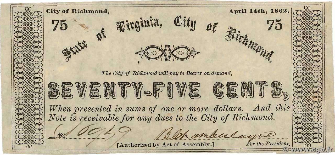 75 Cents ÉTATS-UNIS D AMÉRIQUE Richmond 1862  SUP