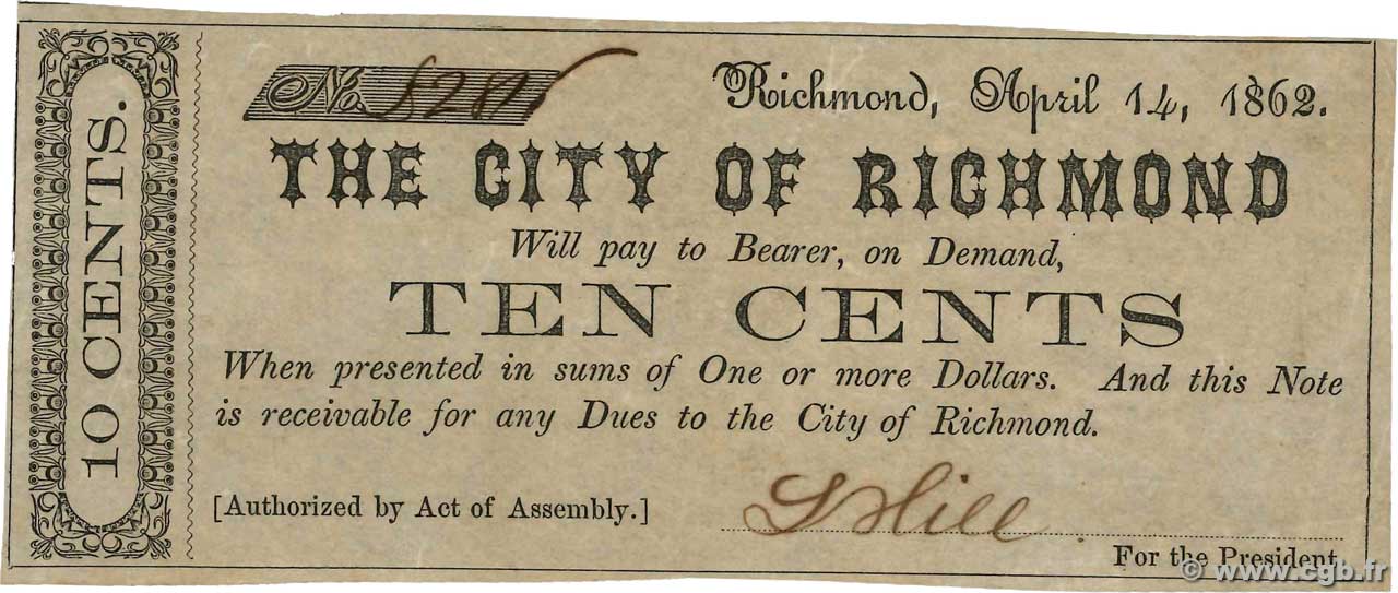 10 Cents ÉTATS-UNIS D AMÉRIQUE Richmond 1862  SUP