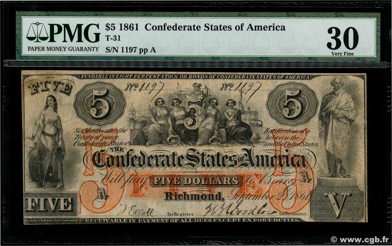 5 Dollars ÉTATS CONFÉDÉRÉS D AMÉRIQUE  1861 P.14 TB