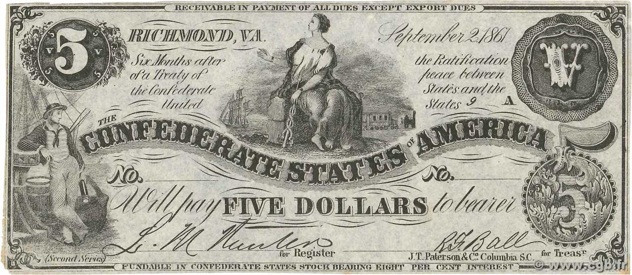 5 Dollars Faux ÉTATS CONFÉDÉRÉS D AMÉRIQUE  1861 P.19cx SUP