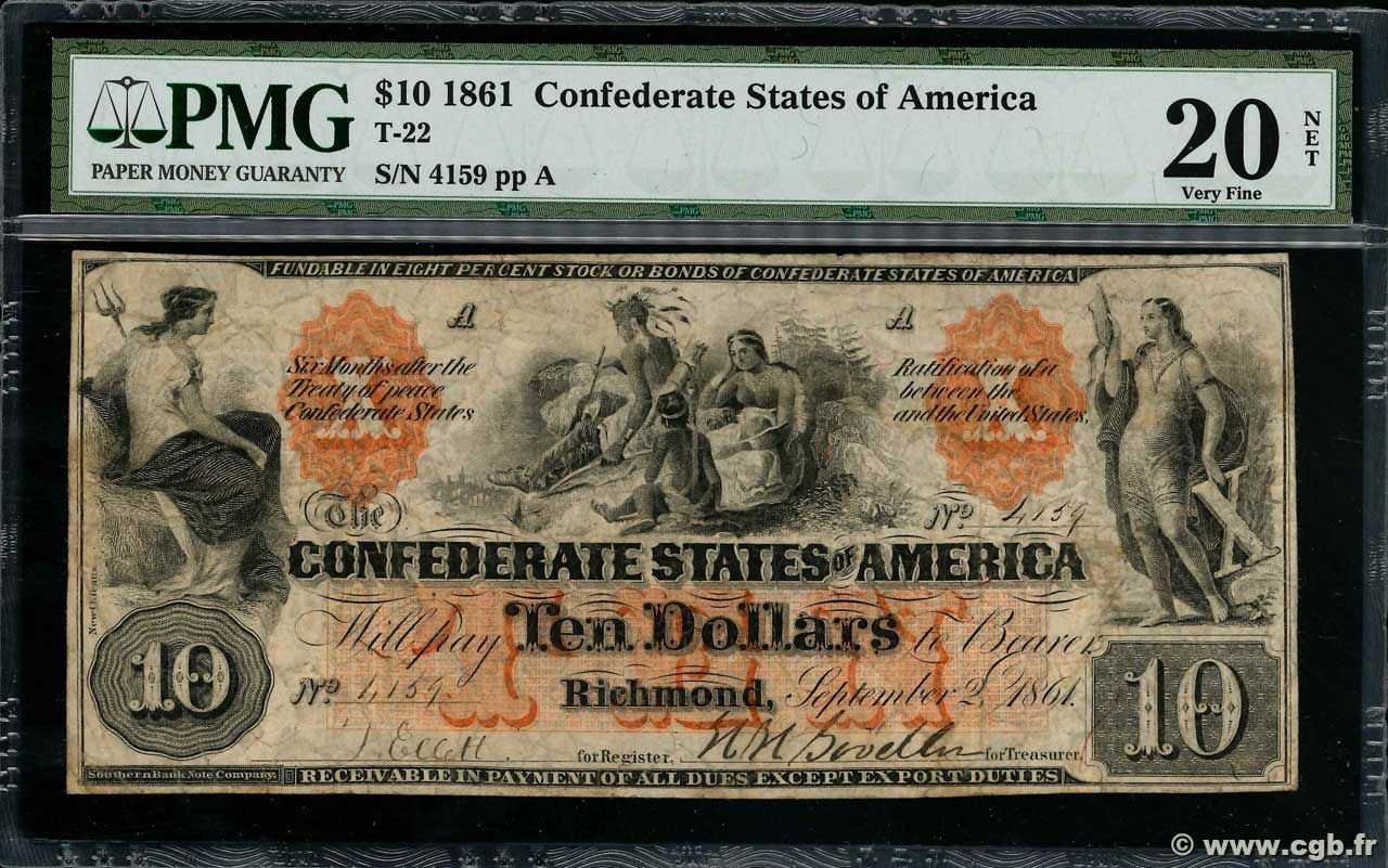 10 Dollars ÉTATS CONFÉDÉRÉS D AMÉRIQUE  1861 P.21 TB