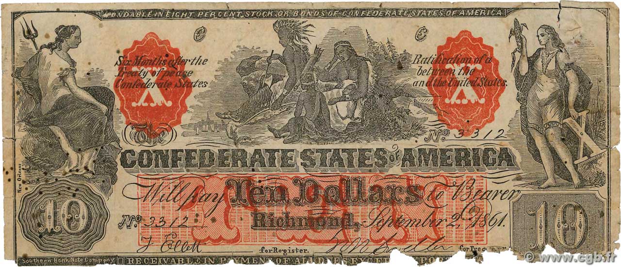 10 Dollars Faux STATI CONFEDERATI D AMERICA  1861 P.21x B