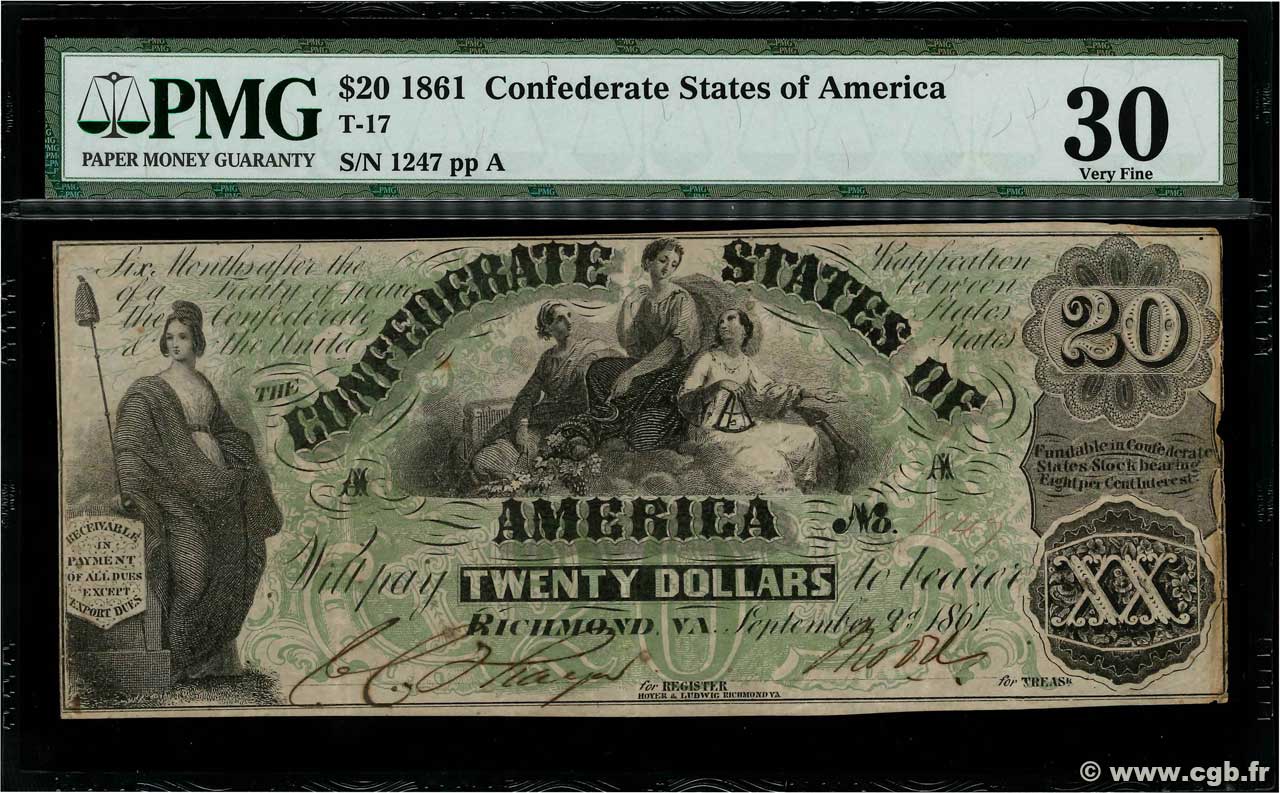 20 Dollars ÉTATS CONFÉDÉRÉS D AMÉRIQUE  1861 P.30 TTB