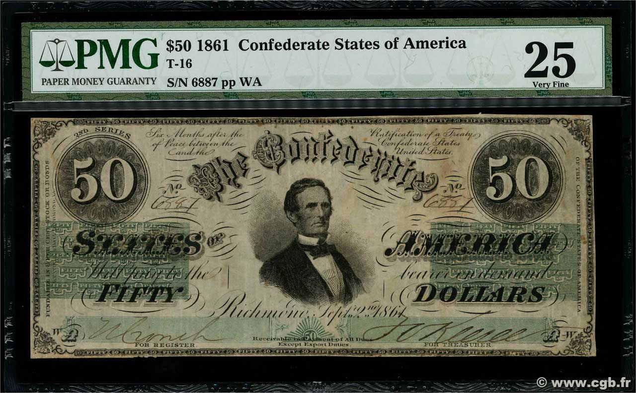 50 Dollars Annulé STATI CONFEDERATI D AMERICA  1861 P.37 q.BB