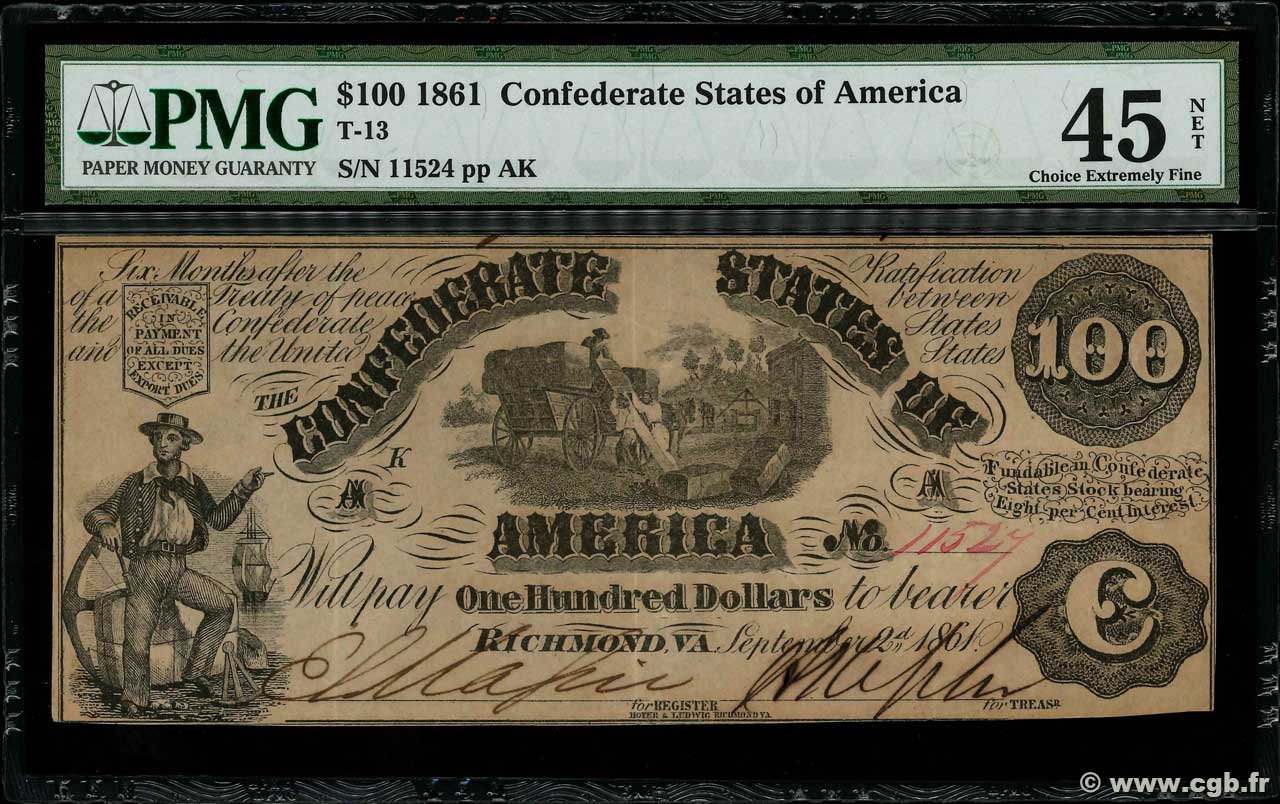 100 Dollars STATI CONFEDERATI D AMERICA  1861 P.38 SPL