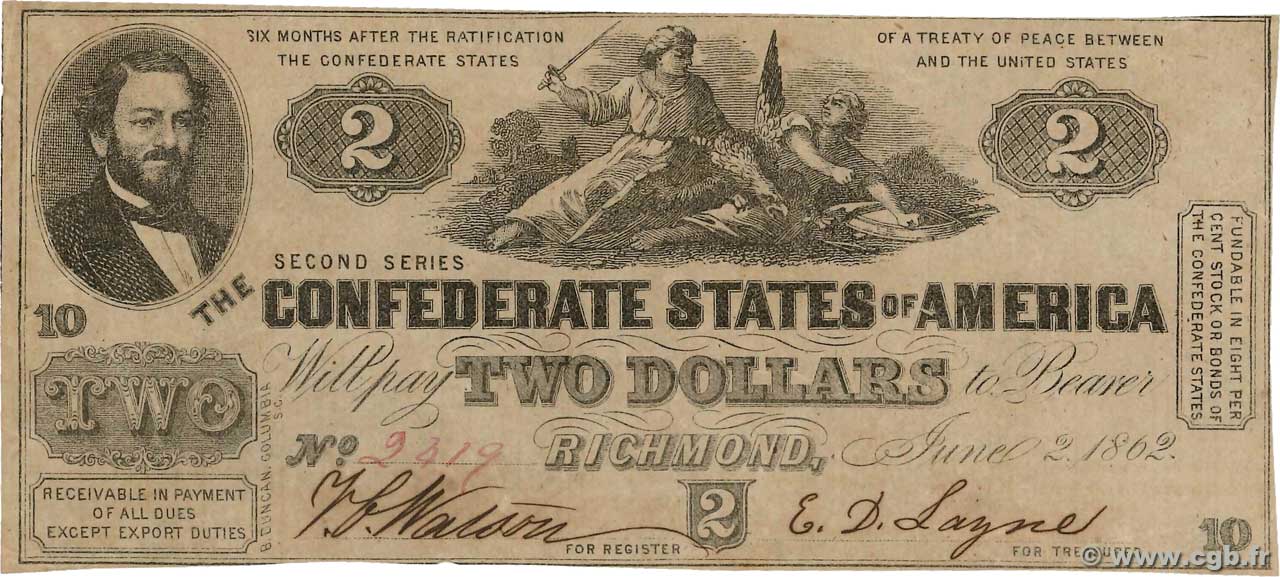 2 Dollars STATI CONFEDERATI D AMERICA  1862 P.41 SPL