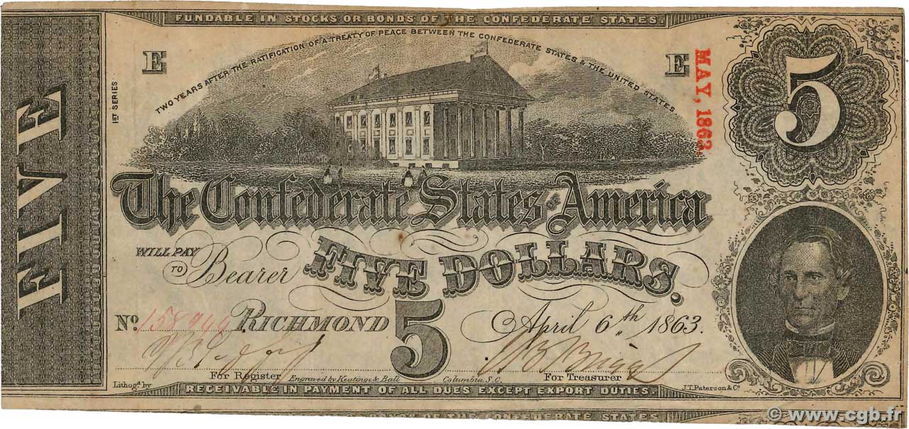 5 Dollars STATI CONFEDERATI D AMERICA  1863 P.59b BB
