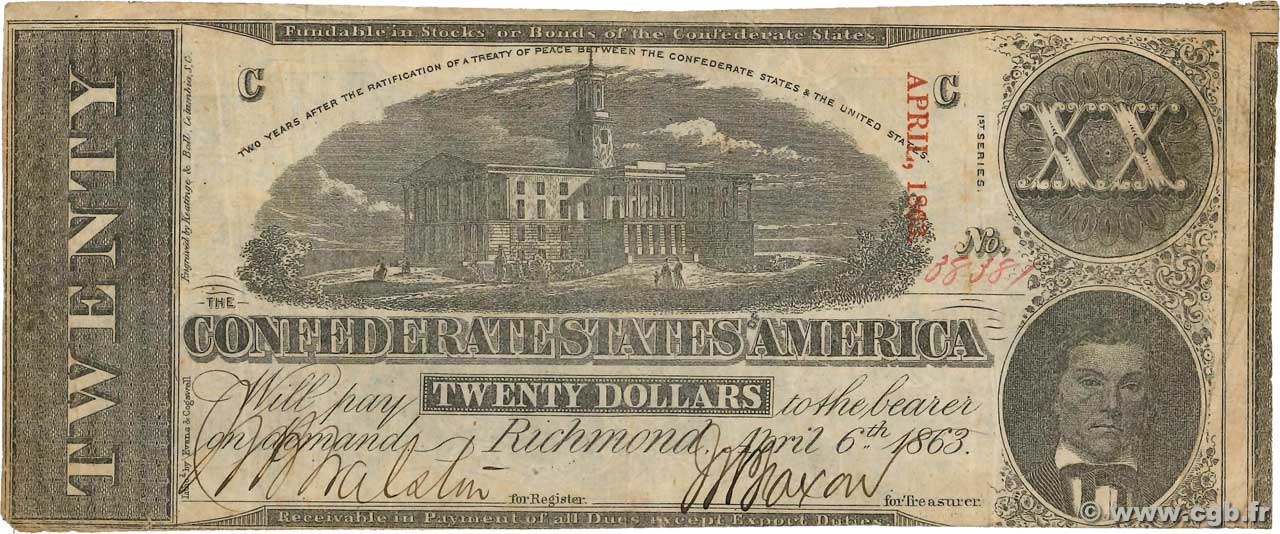 20 Dollars ÉTATS CONFÉDÉRÉS D AMÉRIQUE  1863 P.61b TTB