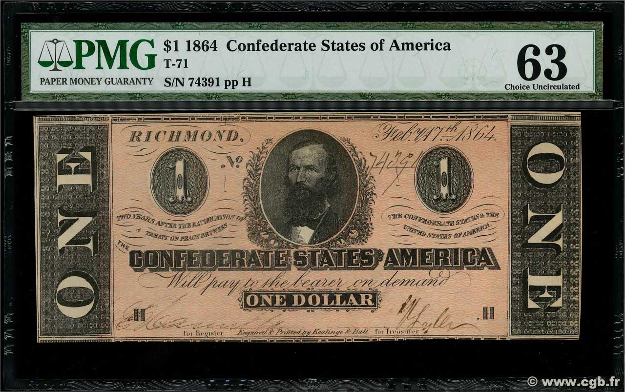 1 Dollar ÉTATS CONFÉDÉRÉS D AMÉRIQUE  1864 P.65b pr.NEUF