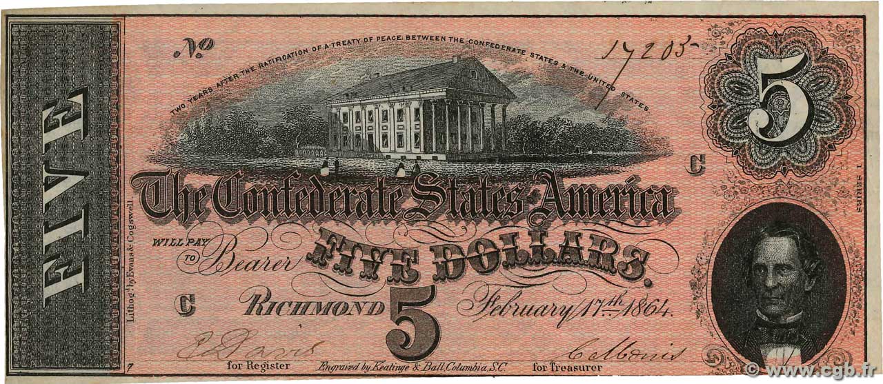 5 Dollars STATI CONFEDERATI D AMERICA  1864 P.67 SPL