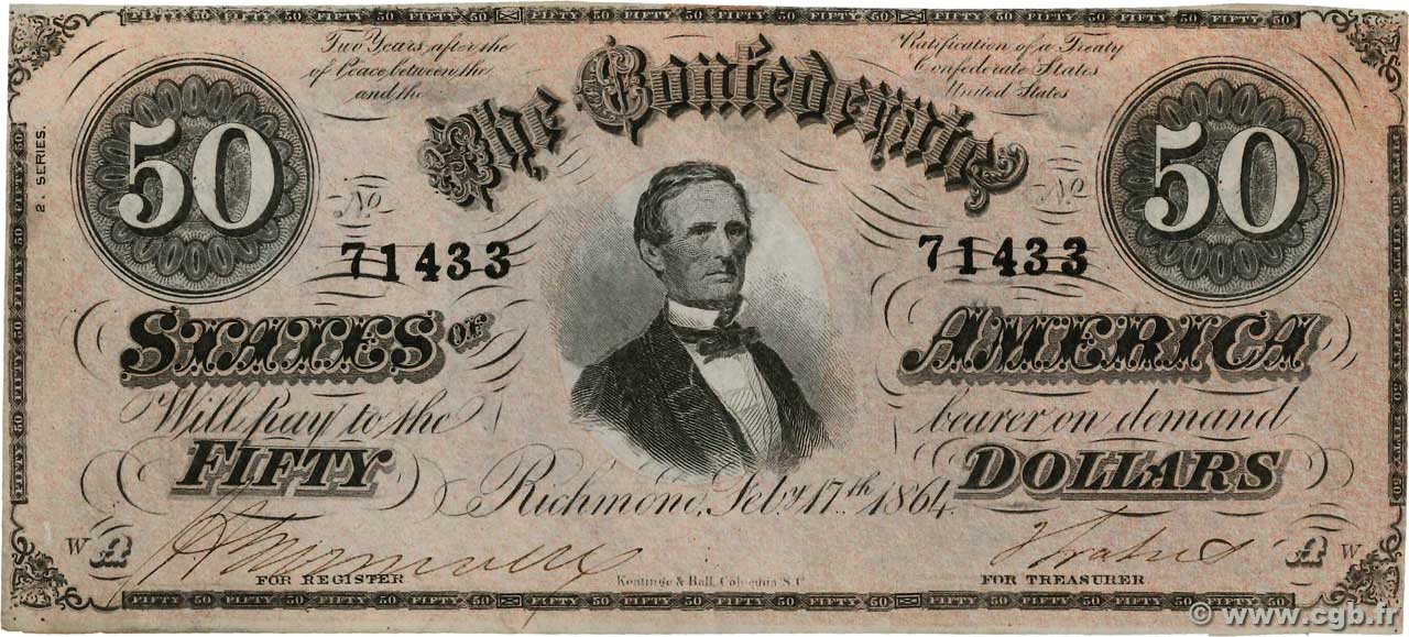 50 Dollars ÉTATS CONFÉDÉRÉS D AMÉRIQUE  1864 P.70 SUP+