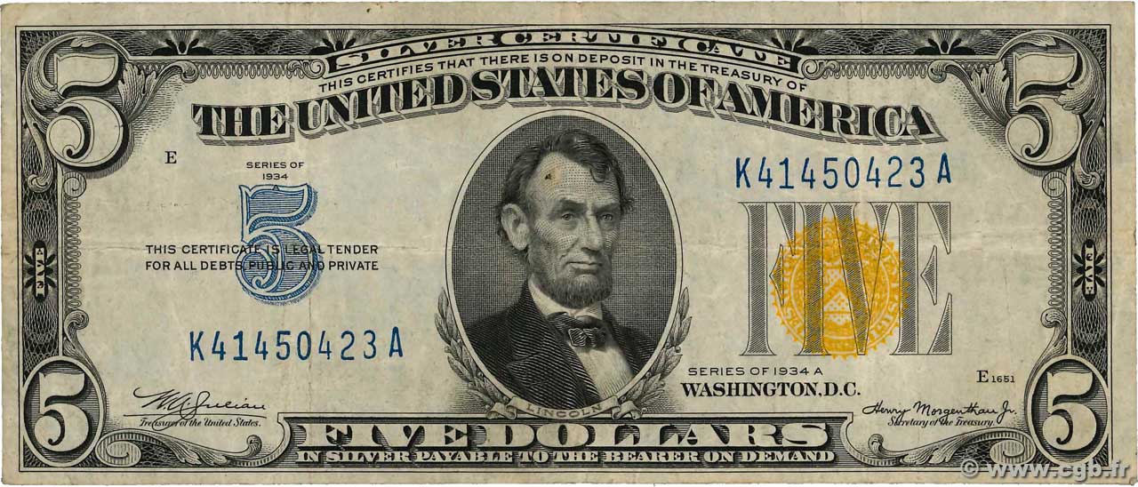 5 Dollars ÉTATS-UNIS D AMÉRIQUE  1934 P.414AY pr.TTB